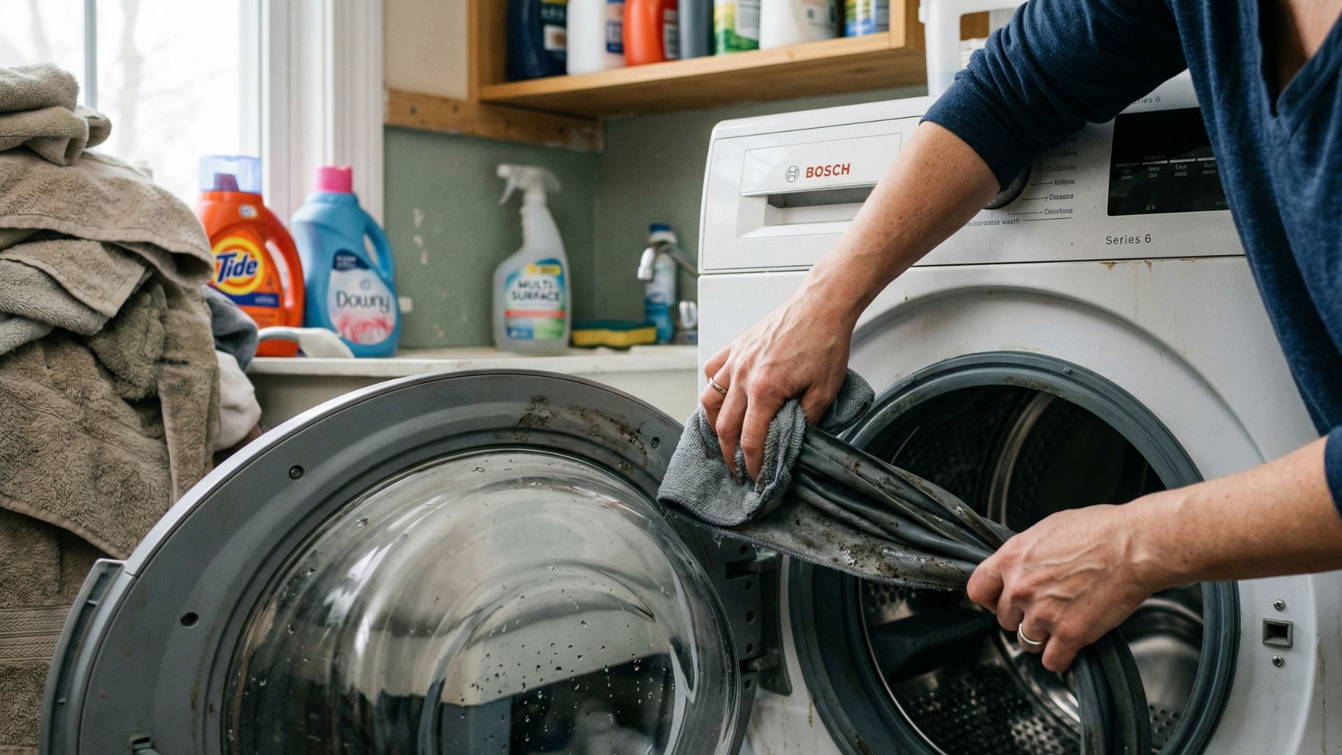A close-up of hands cleaning a washing machine door seal, demonstrating an essential task in a proper appliance maintenance schedule Miami.