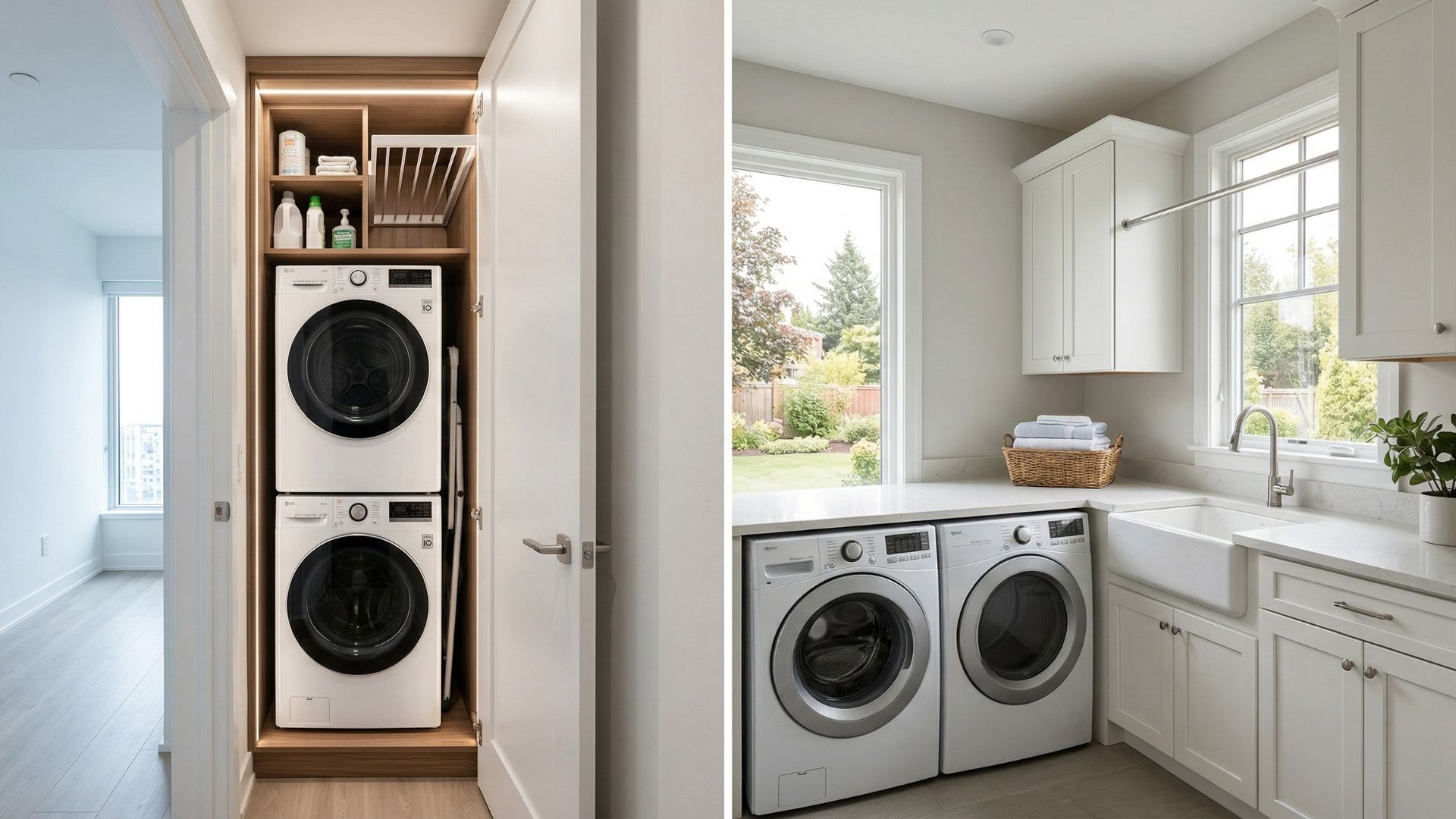 comparison of a tight condo laundry closet and a spacious house laundry room, showing the differences in condo vs house appliances.