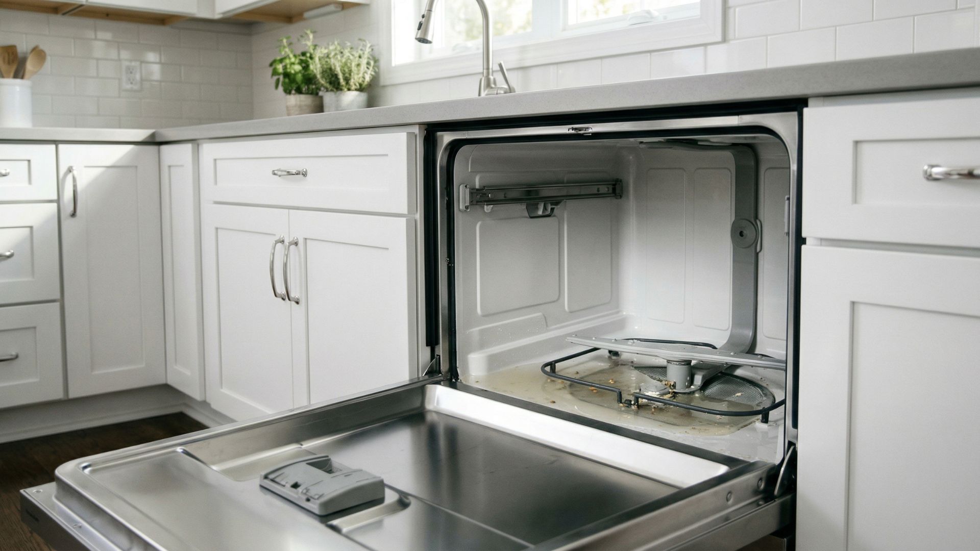An open dishwasher revealing a pool of dirty water at the bottom, illustrating the common problem of a dishwasher not draining.