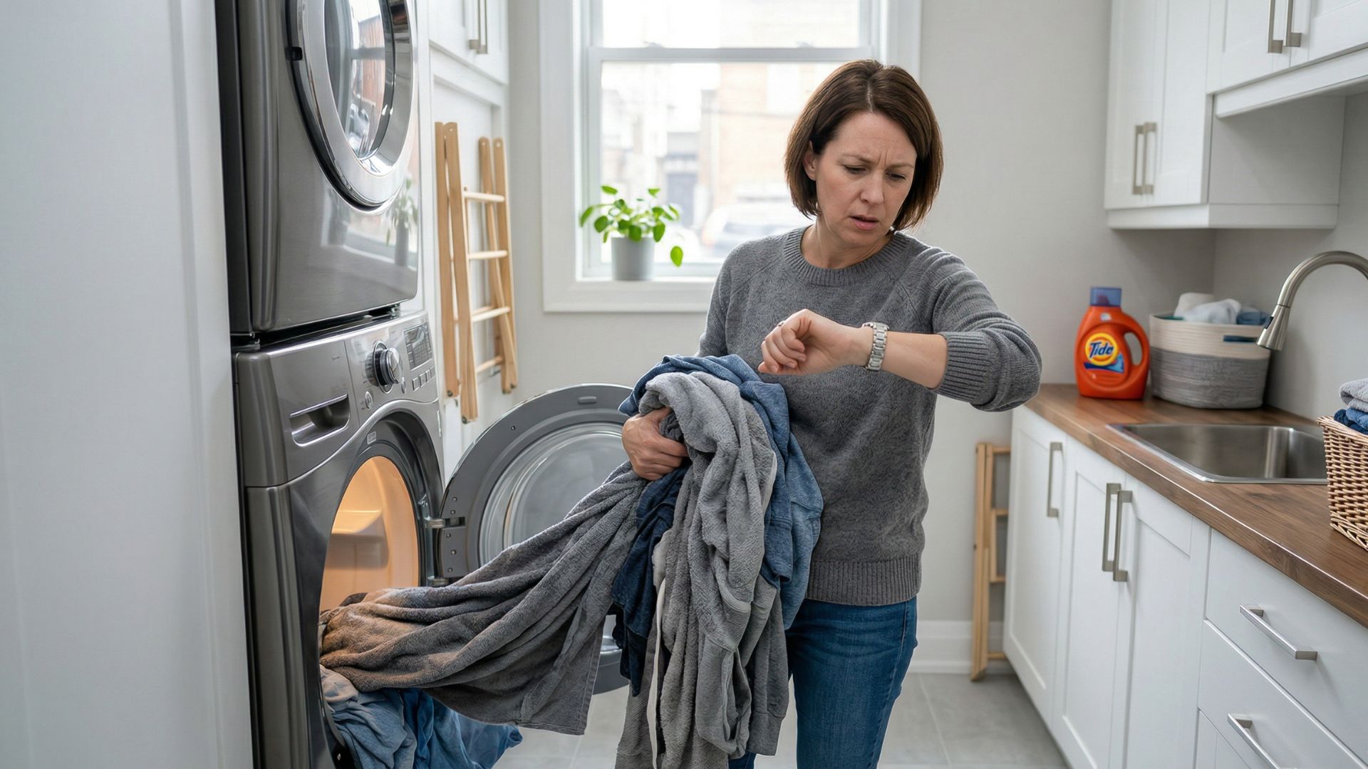 A frustrated person checking their watch while pulling damp clothes from a machine, illustrating the common household problem when a dryer takes too long to dry.