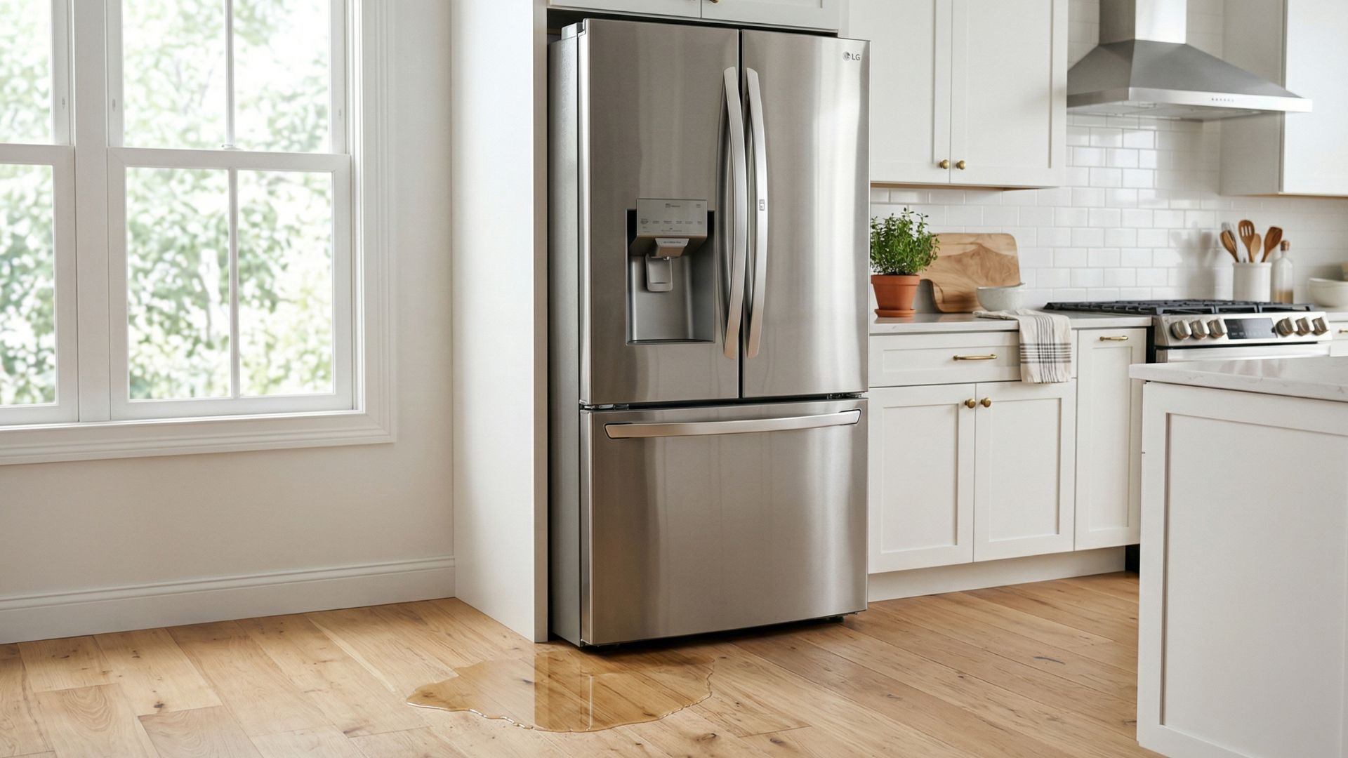 A small puddle on the kitchen floor resulting from a fridge leaking water, illustrating common refrigerator maintenance issues.