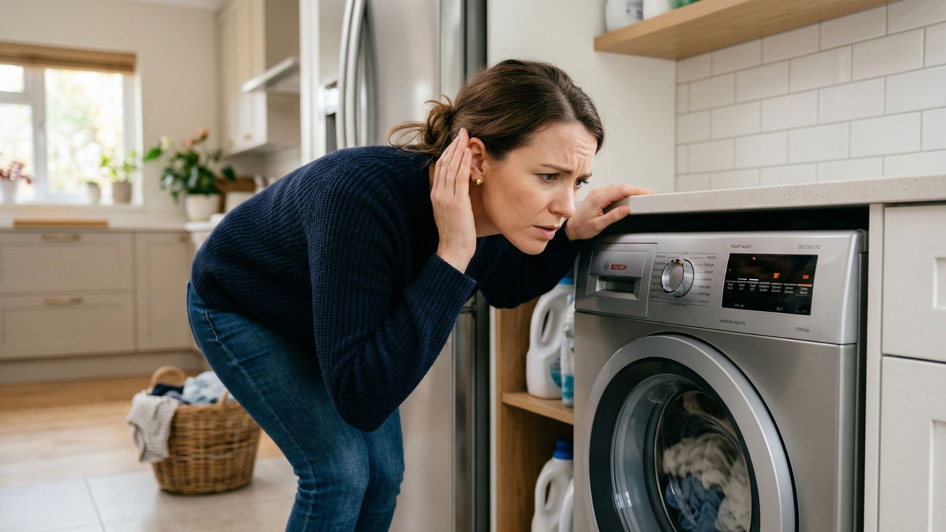 A concerned homeowner leaning in to listen closely to an appliance making noise, trying to figure out if it needs repair.