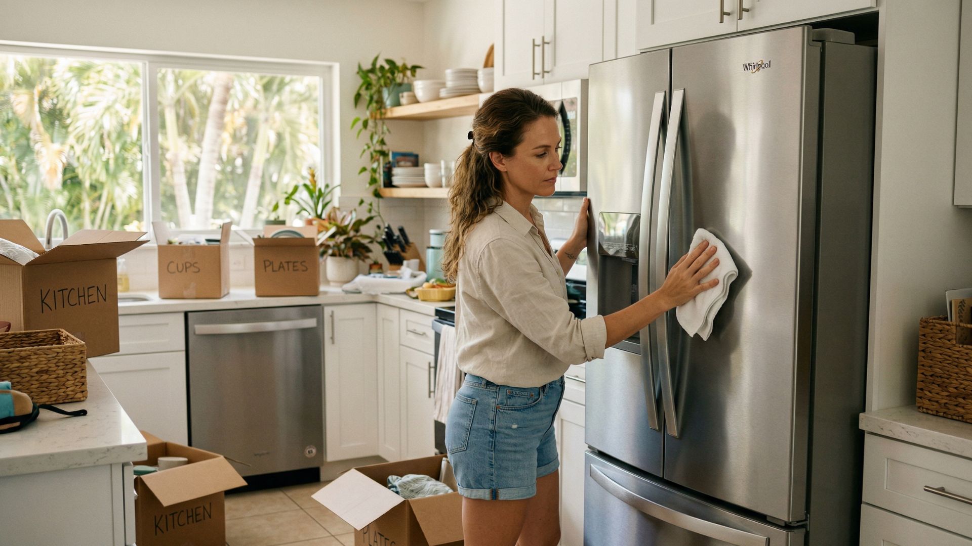 A homeowner unpacking in a sunny kitchen, learning what to check when moving to South Florida appliances to prevent heat and humidity damage.