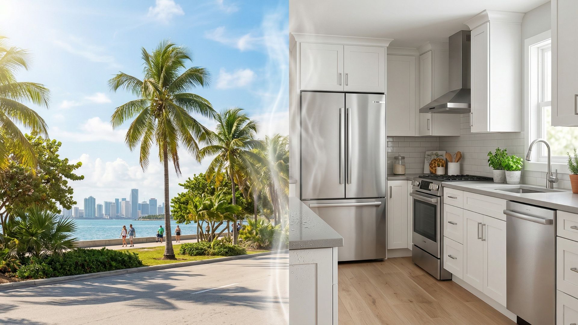 A split scene showing hot tropical weather outside and modern kitchen appliances inside, illustrating how the Miami climate affects home appliances.