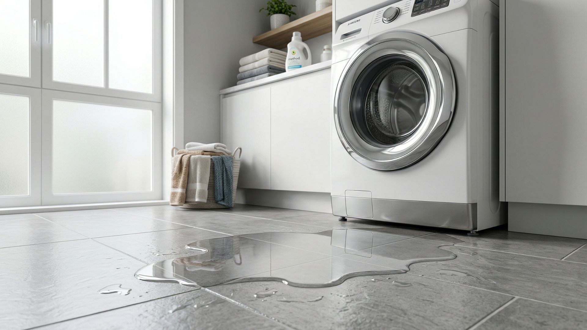 A low-angle photograph showing a puddle of water pooled on a tiled laundry room floor next to the base of a modern washing machine that is leaking water.