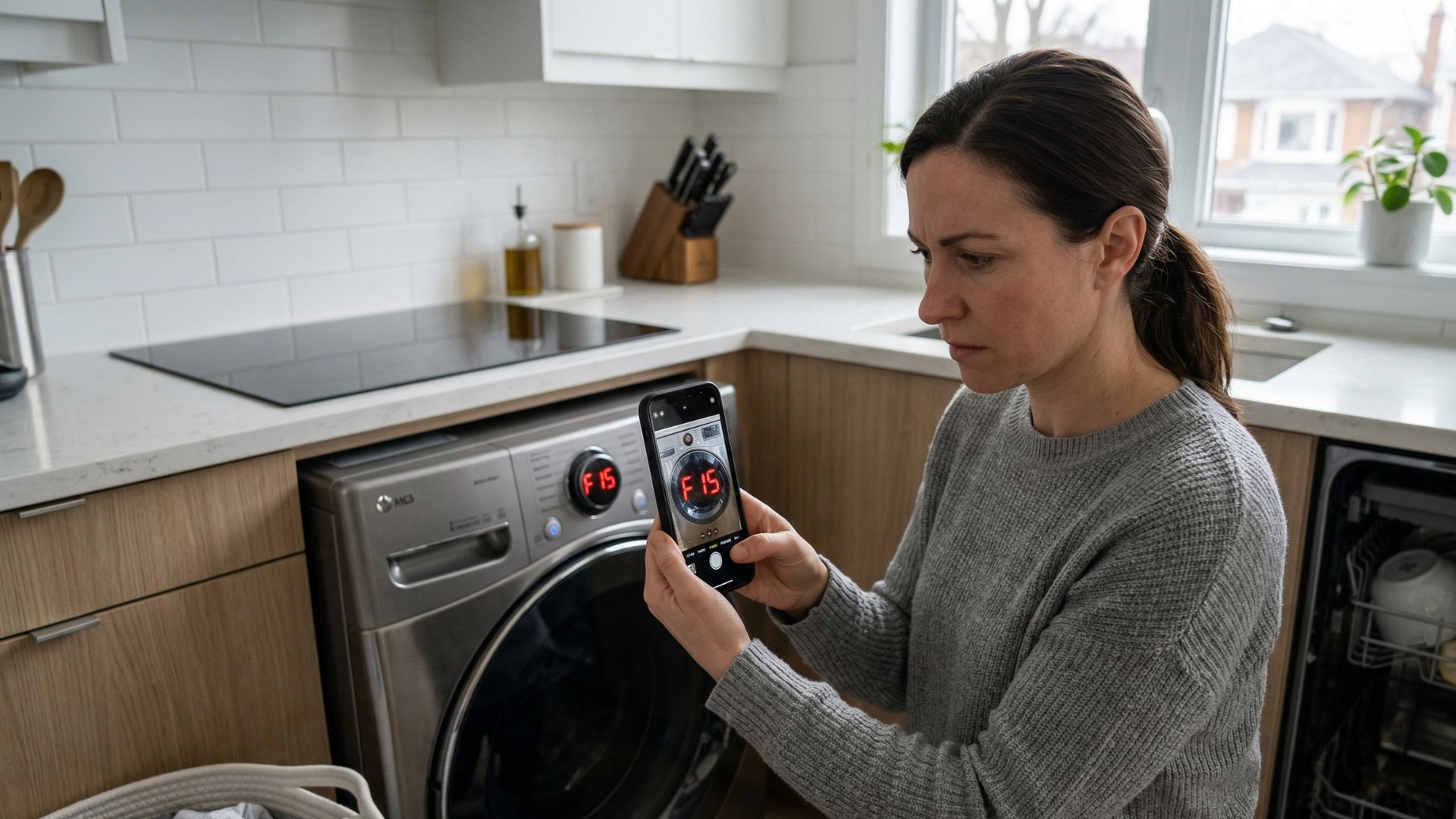 A homeowner using a smartphone to photograph a glowing digital display, trying to understand confusing appliance error codes before calling for repair.