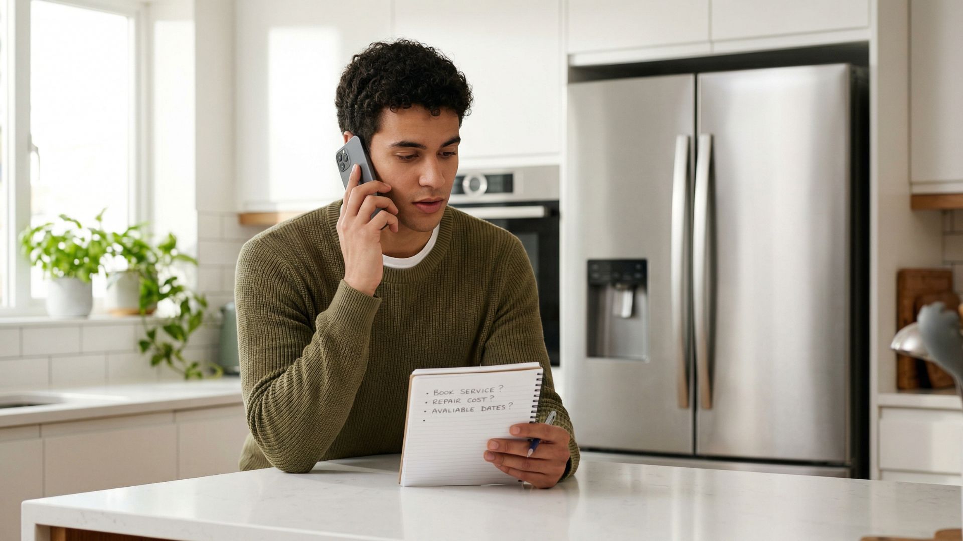 A thoughtful homeowner making a phone call to ask important questions before they hire appliance repair company services in Miami.