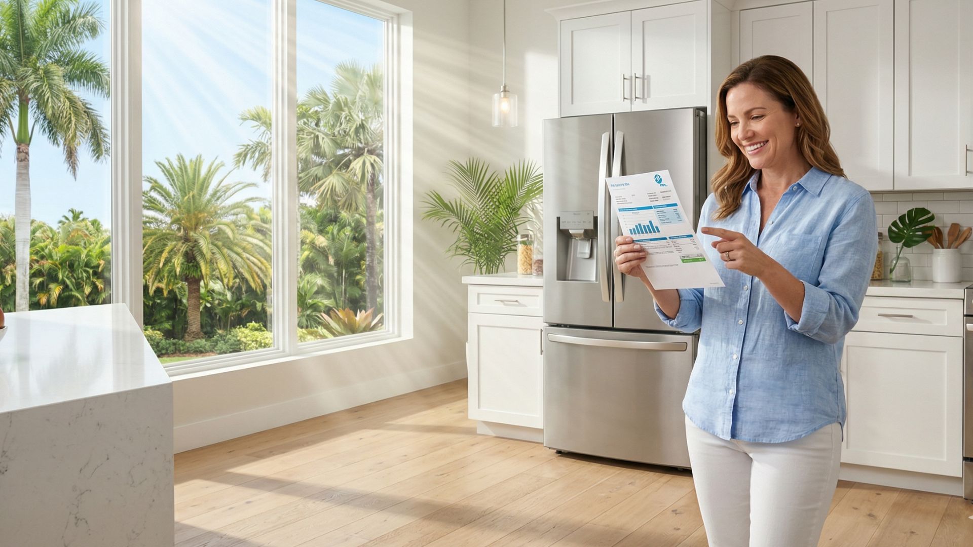 A happy homeowner checking a lower utility bill in a bright tropical kitchen, illustrating the best tips for energy saving home appliances in South Florida.