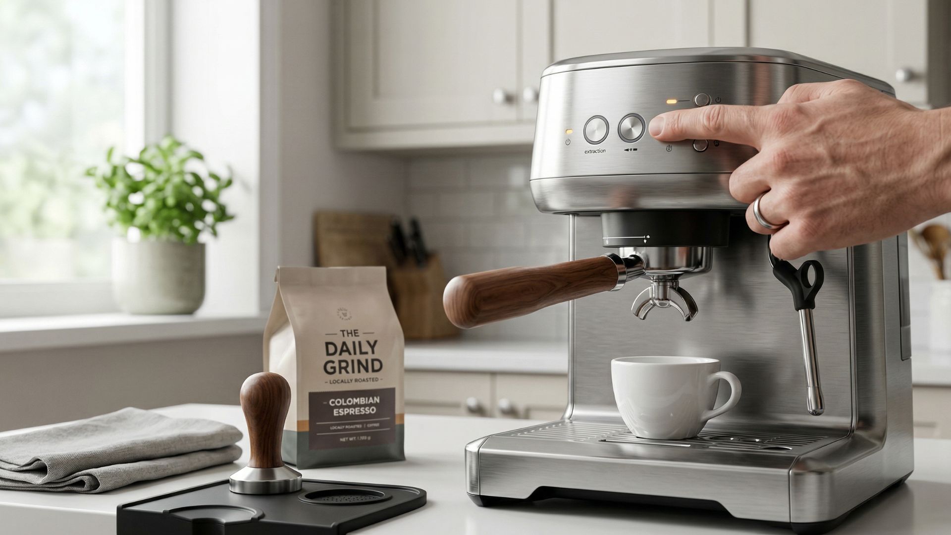 A frustrated person pressing a button on an espresso maker that won't brew, illustrating common problems when a coffee machine not working disrupts your morning.