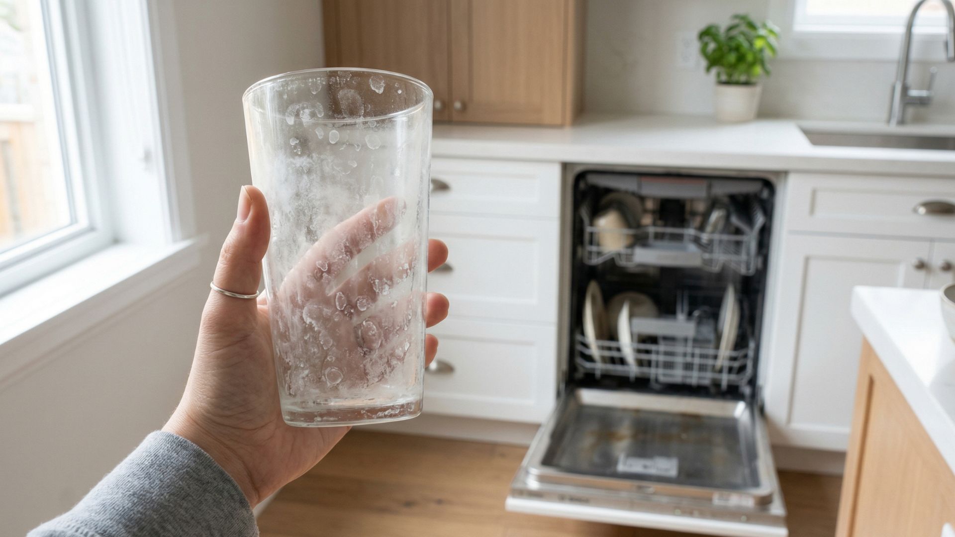 A close-up of a cloudy, spotted drinking glass, illustrating the frustrating problem of a dishwasher leaving white residue on dishes after a wash cycle.