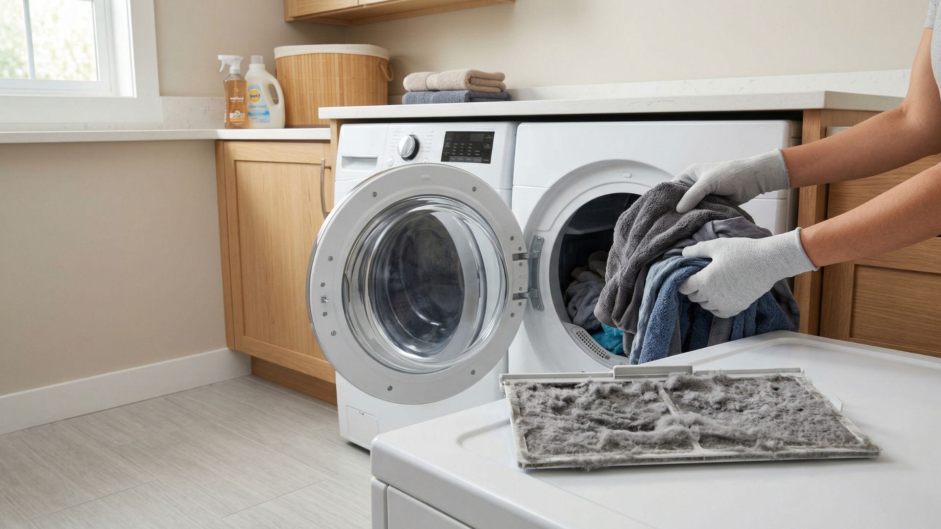 A person checking a lint trap and pulling damp clothes from a machine, illustrating the first steps to take when a dryer not heating becomes an issue.