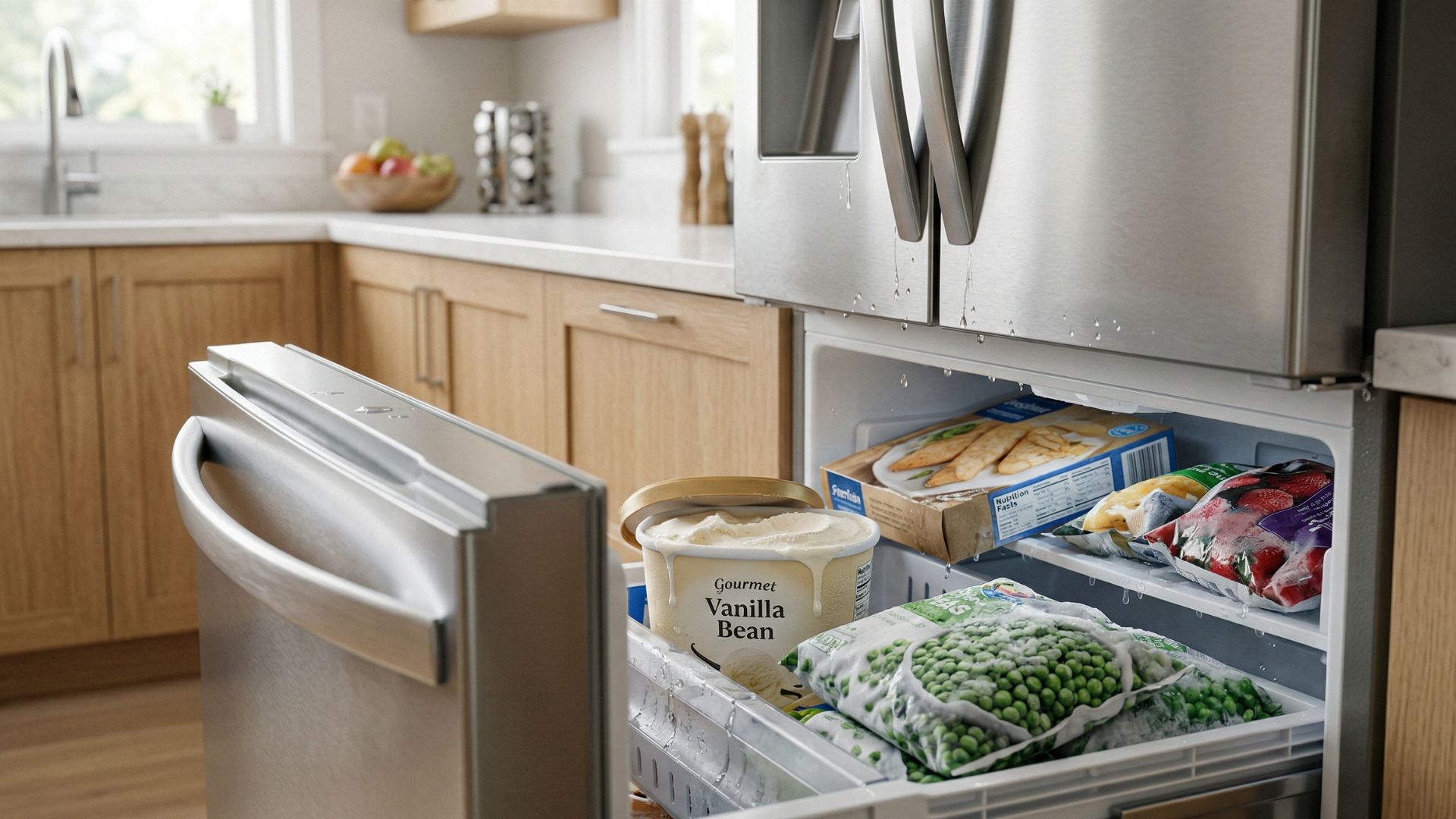 An open modern freezer showing partially thawed food and melting ice cream, illustrating the frustrating problem of a freezer not freezing properly.