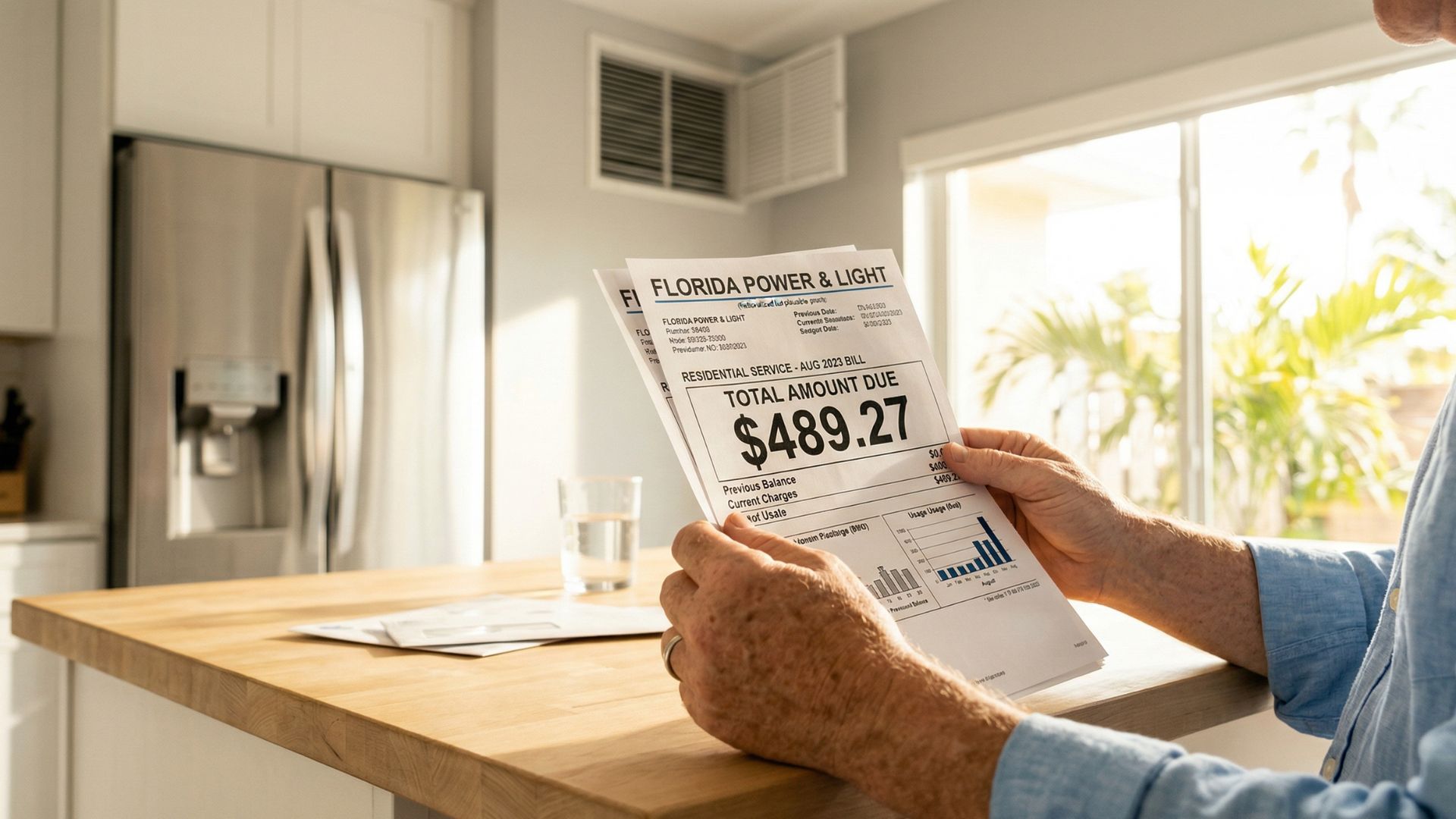 A homeowner looking at a high electricity bill, illustrating the hidden impact of Florida appliance energy costs caused by extreme heat and humidity.