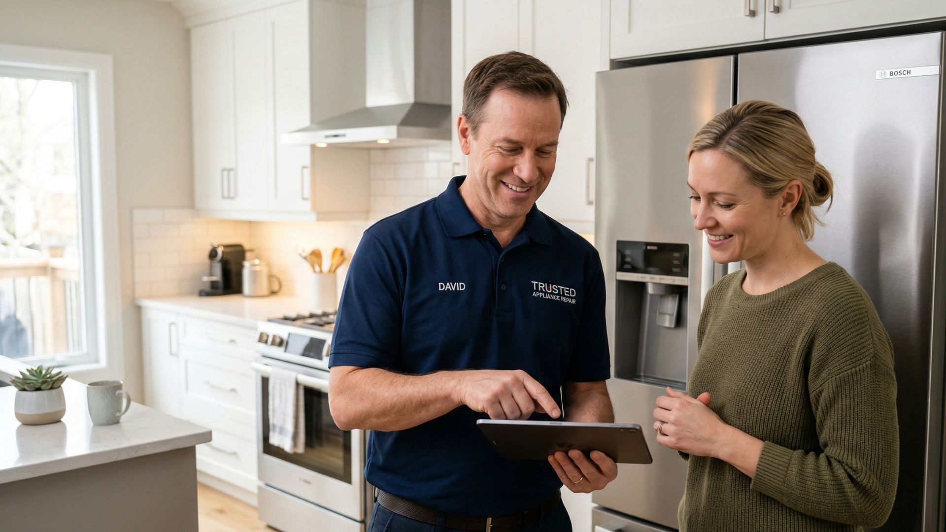 A friendly technician explaining the appliance repair visit process to a homeowner in a modern kitchen.
