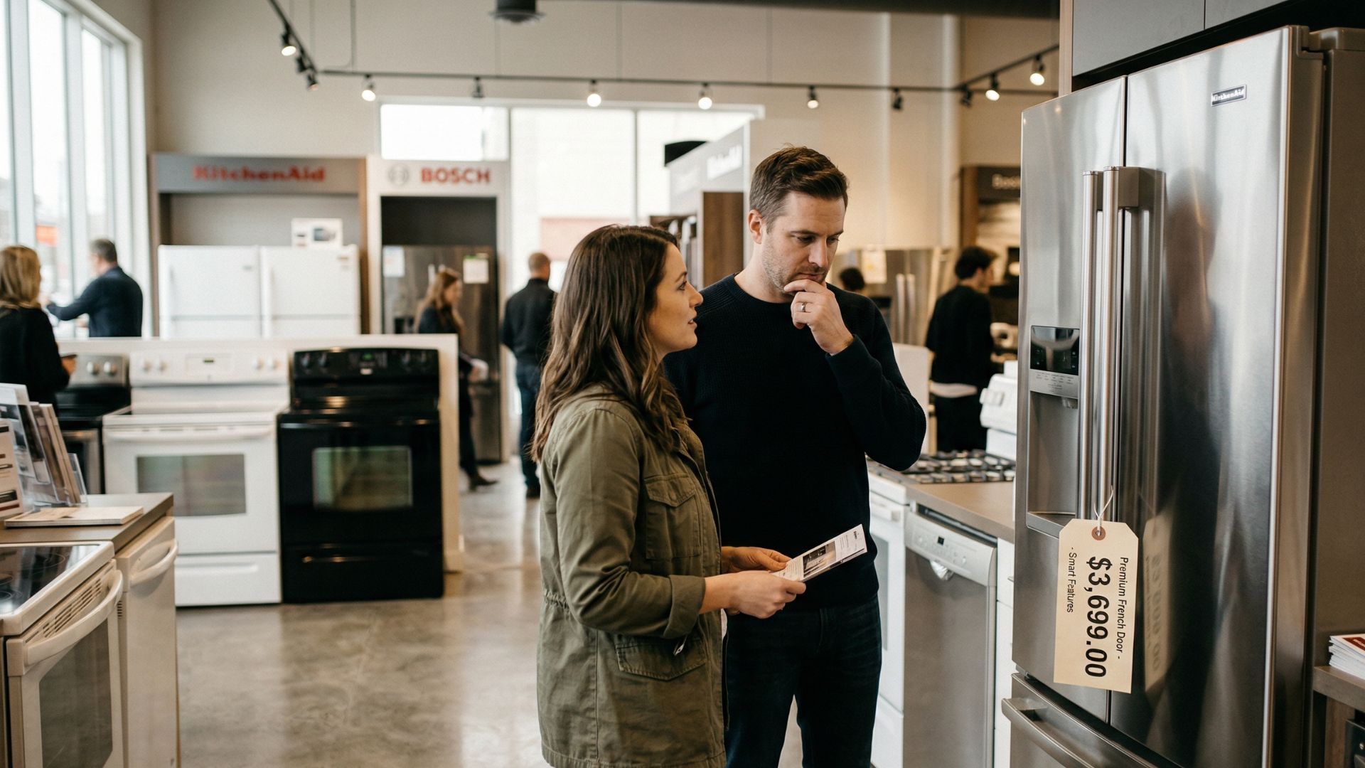 A couple looking at a high-end refrigerator in a store, deciding which home appliances are worth spending more on for their Miami home.
