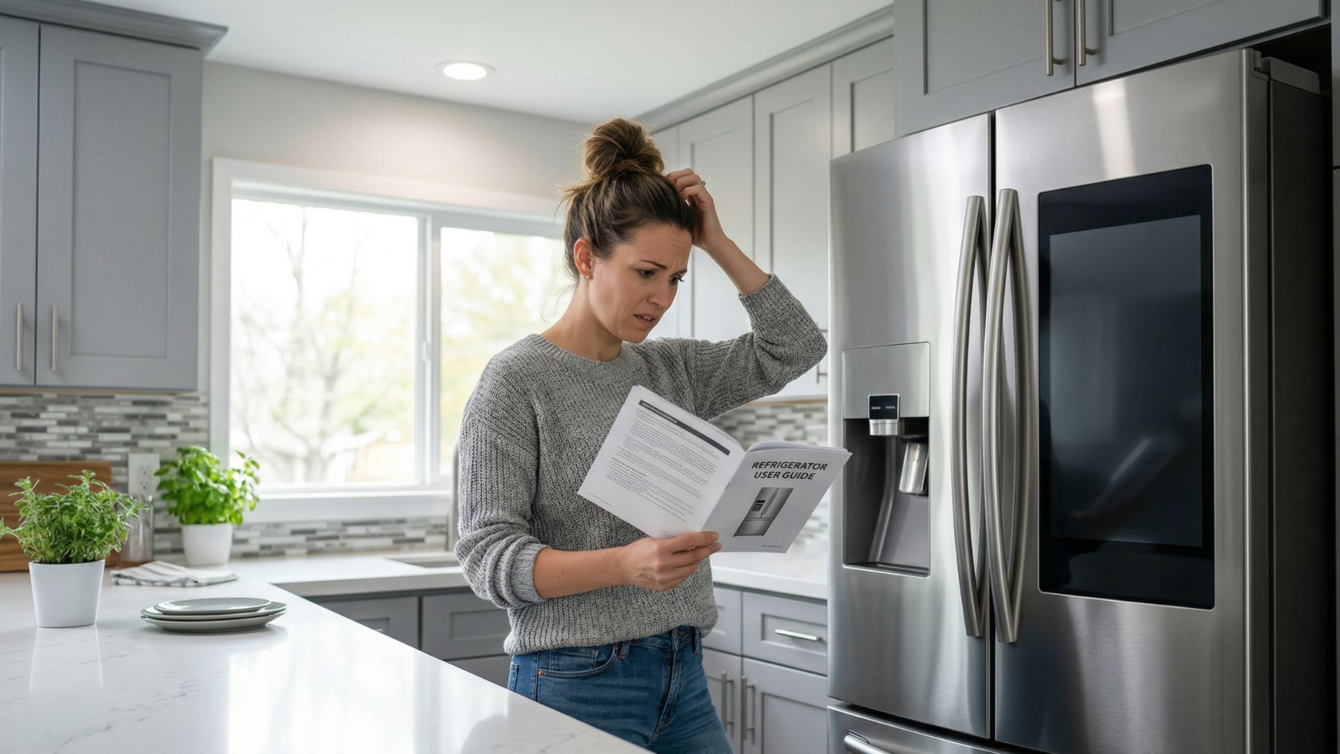 A frustrated homeowner looking at a broken modern machine, wondering why new appliances fail early despite being recently purchased.