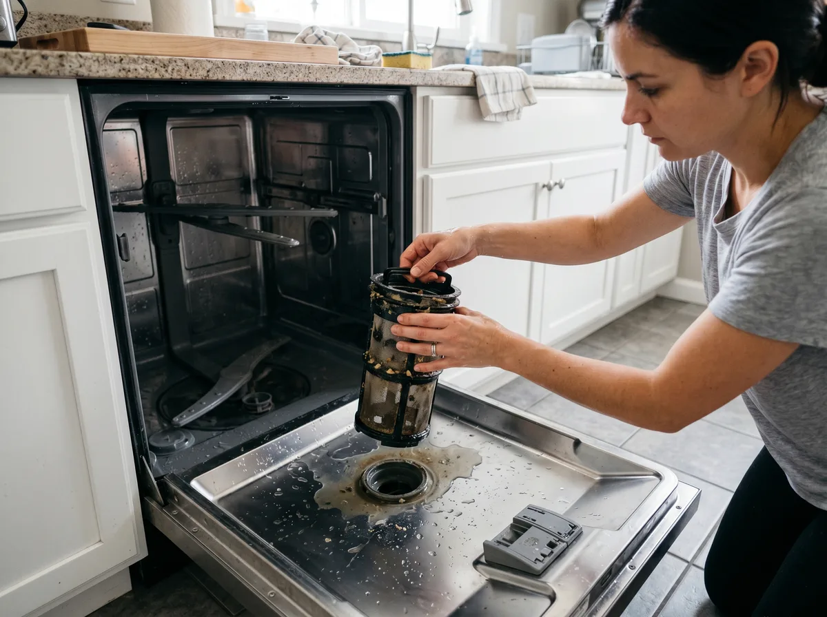Person cleaning dishwasher filter - Bosch dishwasher maintenance Miami Florida