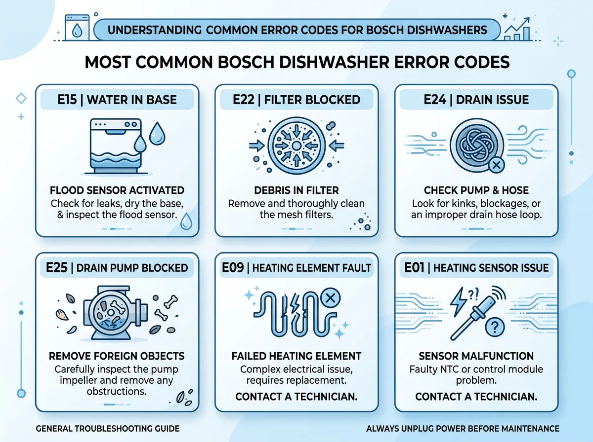 Bosch dishwasher error codes quick reference infographic - Miami dishwasher repair