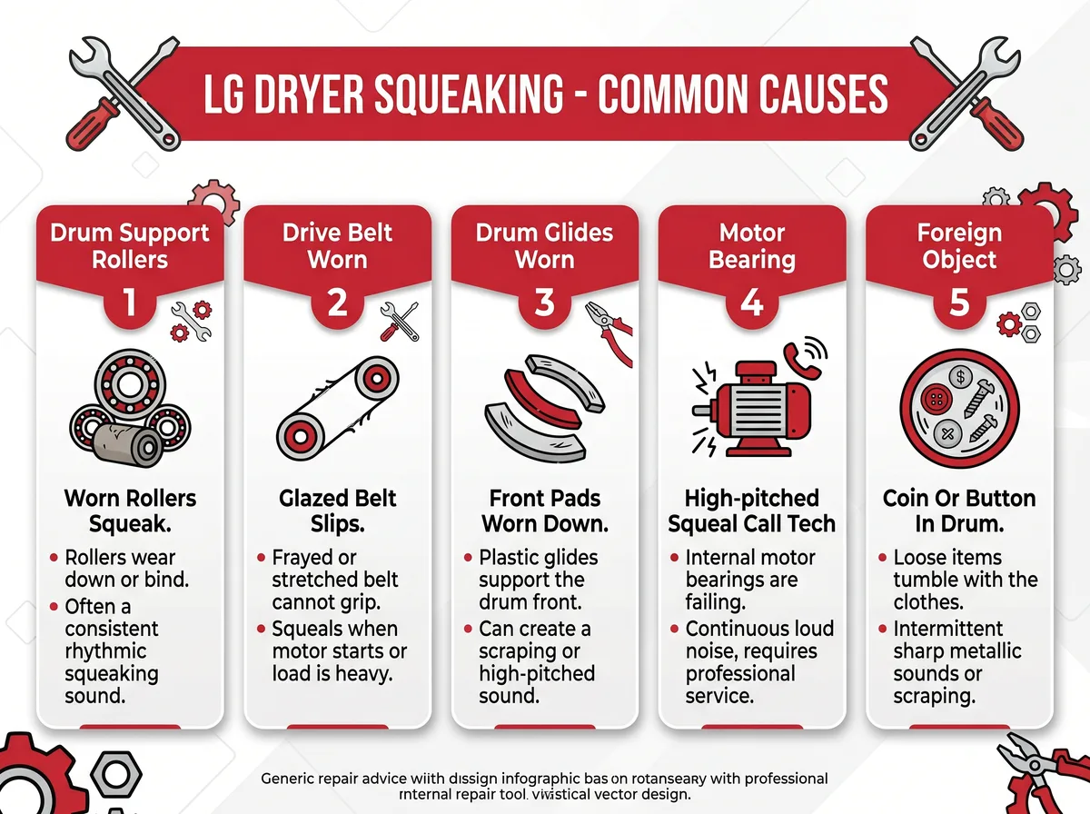 LG dryer squeaking noise causes infographic - dryer repair Miami South Florida