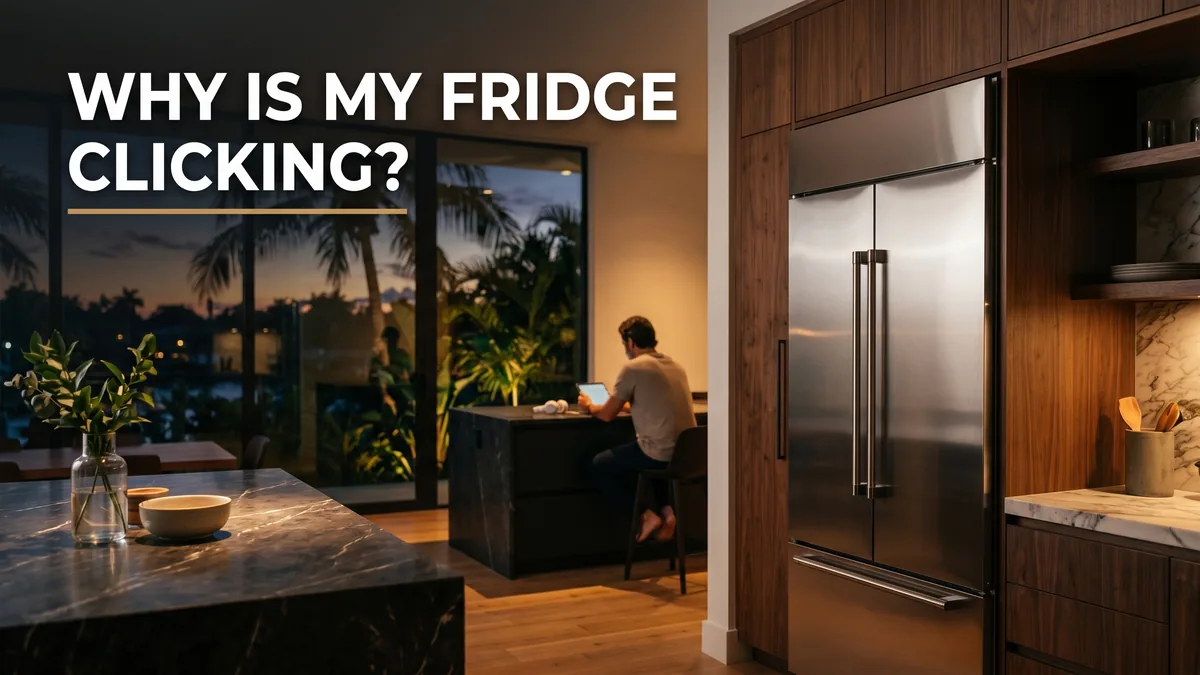 Refrigerator making a clicking noise, a stainless fridge in a warm Miami kitchen in the evening