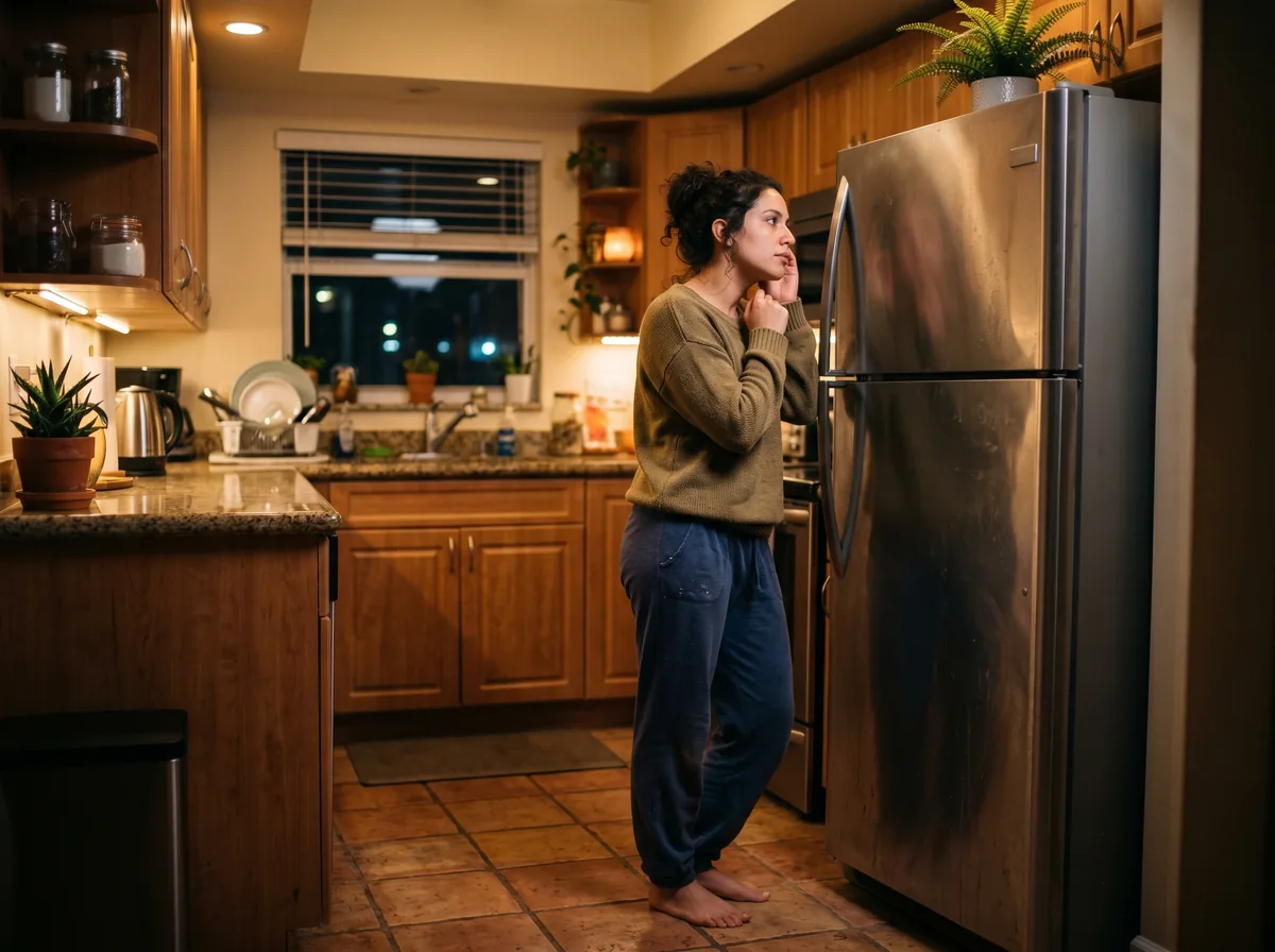 Person standing by a stainless refrigerator in a Miami kitchen at night, listening to a clicking noise