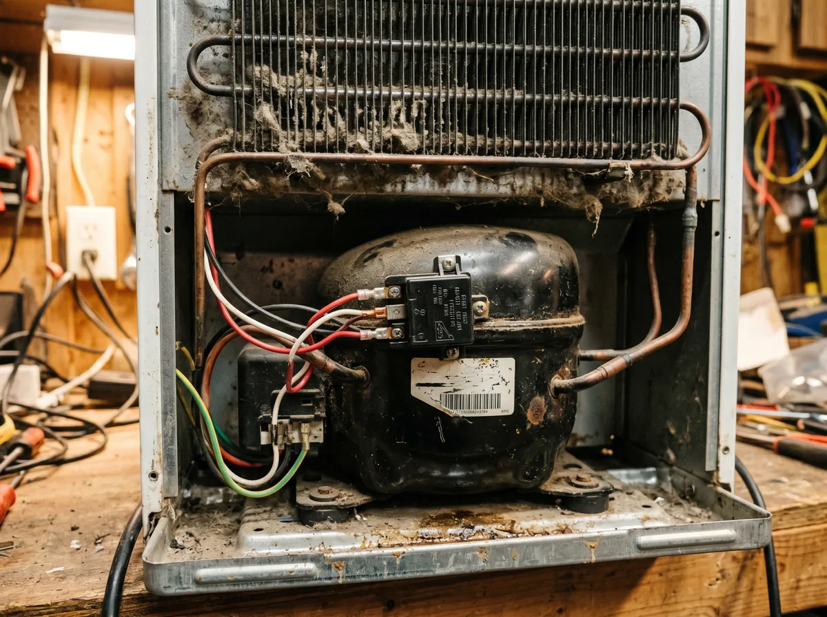 Close-up of a refrigerator start relay and compressor at the lower back of a fridge