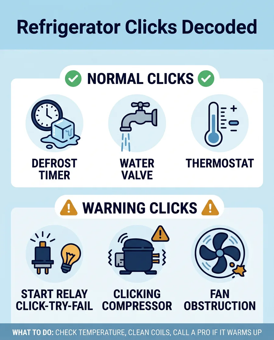 Infographic decoding refrigerator clicking noises: normal clicks versus warning clicks and what to do