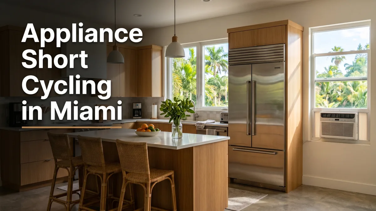What is appliance short cycling, a stainless refrigerator and window AC in a bright hot Miami kitchen