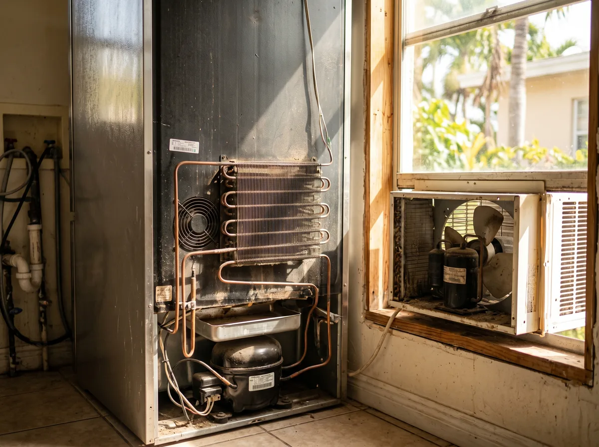 Window-unit and refrigerator compressor in a warm Miami kitchen, illustrating an appliance that keeps cutting in and out