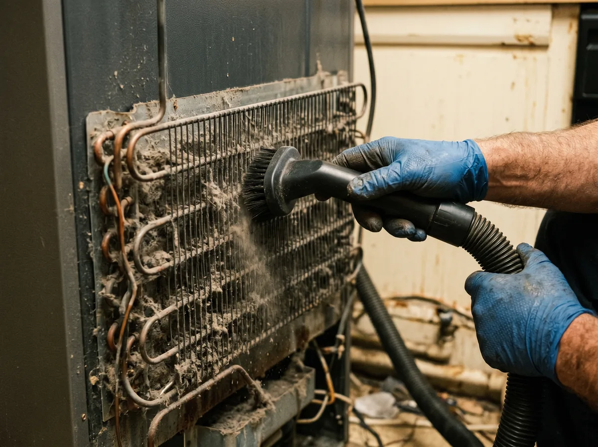Technician using a vacuum and brush to clean dust-clogged refrigerator condenser coils
