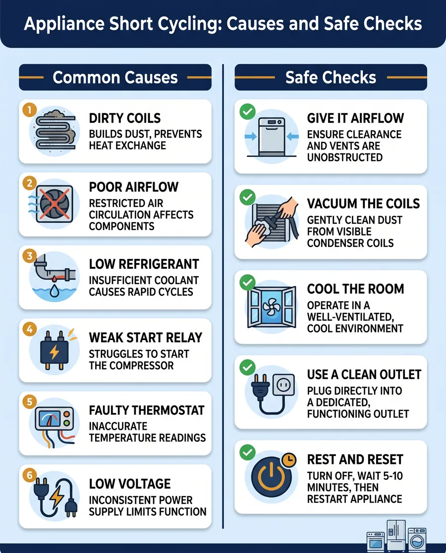 Infographic listing the main causes of appliance short cycling and the safe homeowner checks for each