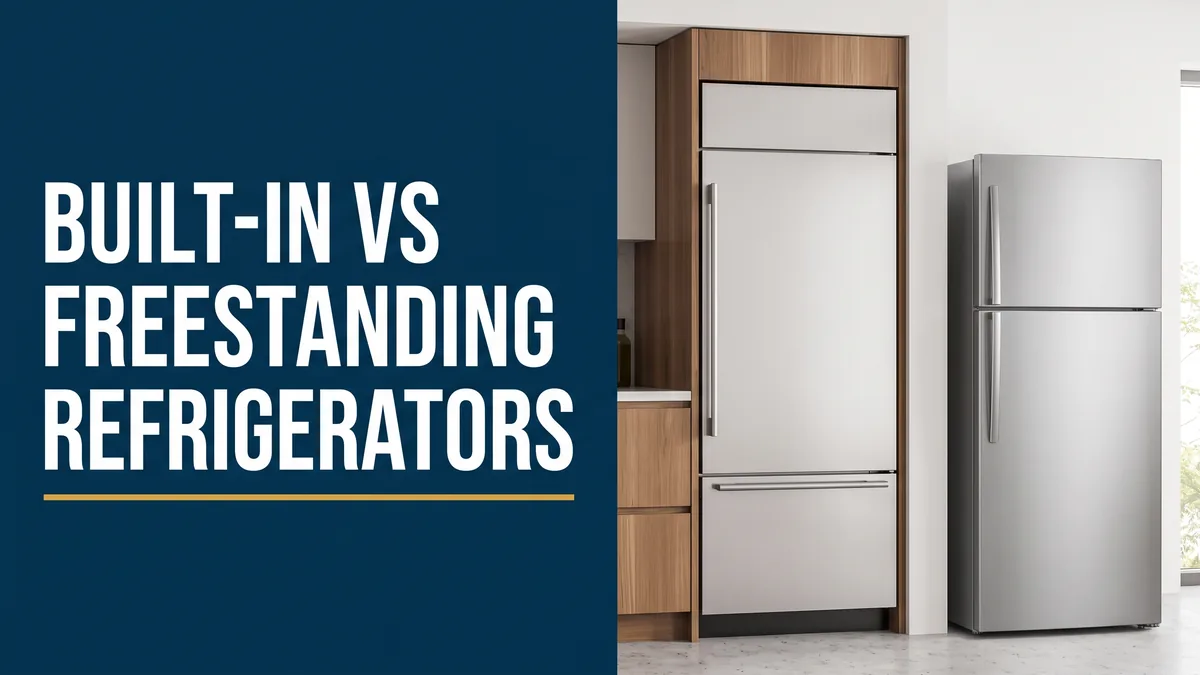 Split image of a built-in and a freestanding refrigerator, comparing their maintenance needs