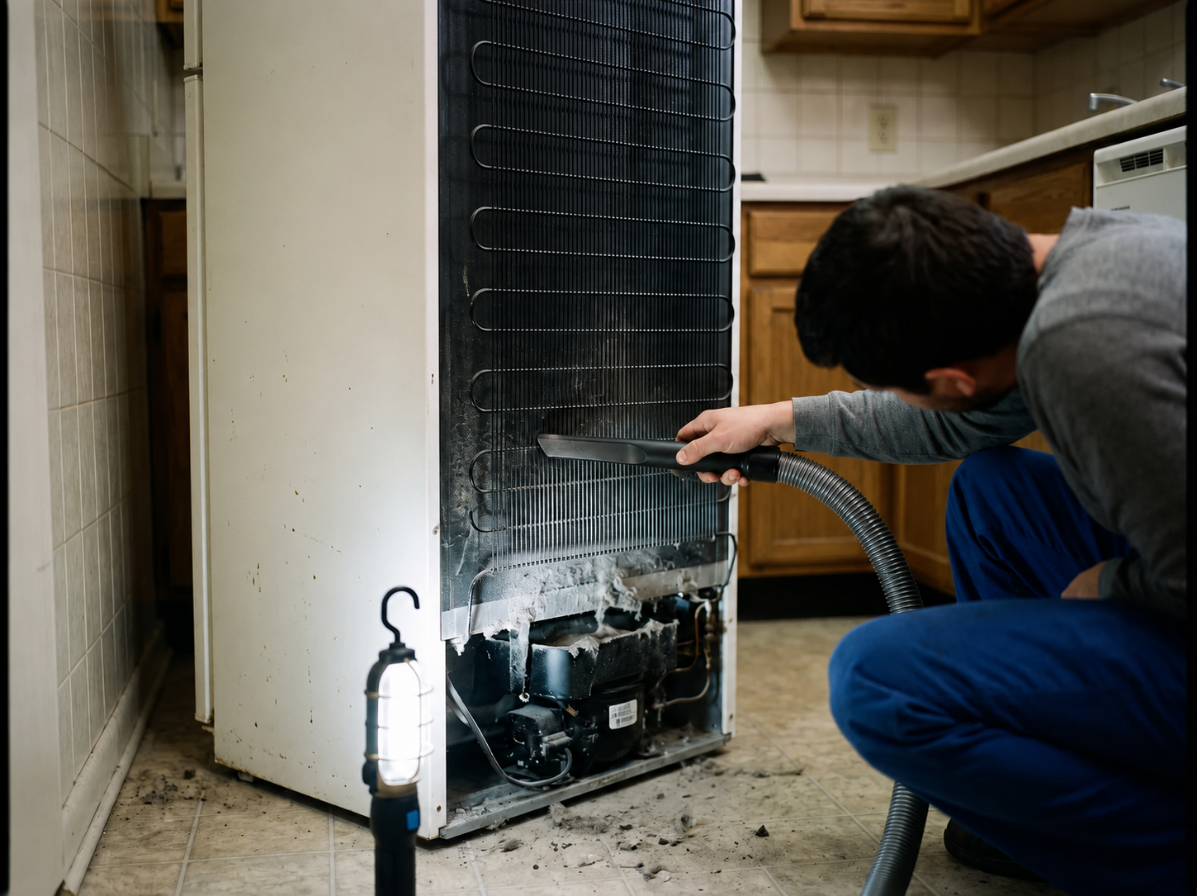 Close-up step-by-step technique for clearing dust from refrigerator condenser coils using a flexible brush