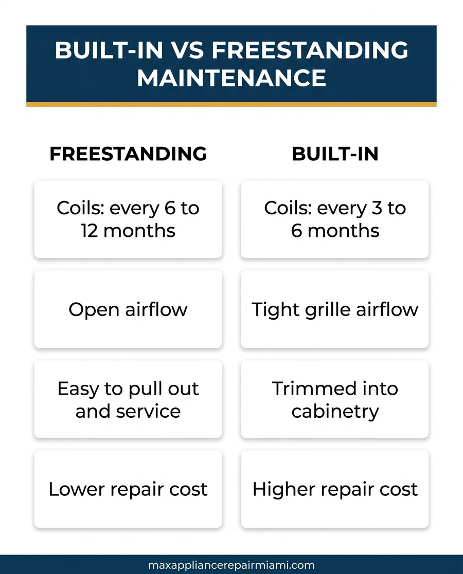 Infographic comparing maintenance tasks, schedules, and repair complexity for built-in and freestanding refrigerators