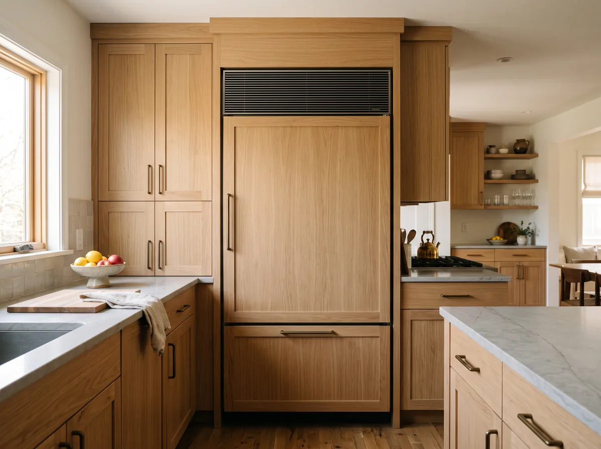 Diagram highlighting front-grille ventilation on a built-in refrigerator versus rear coils on a freestanding unit