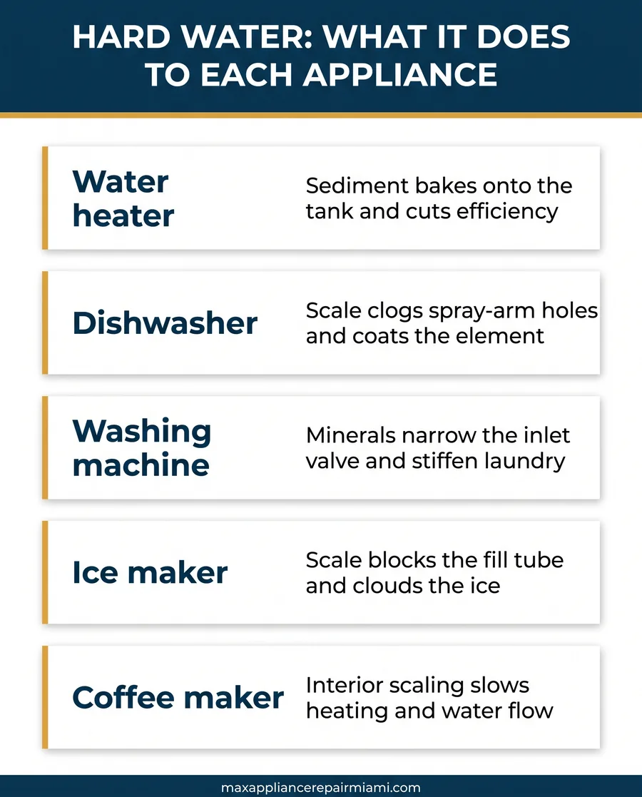 Hard water appliance damage affects water heaters, dishwashers, and washing machines