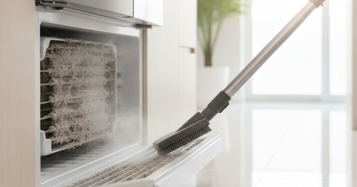 Cleaning dusty refrigerator condenser coils with a brush and vacuum