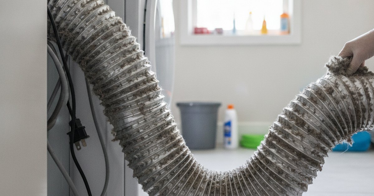 Dryer vent duct being inspected for lint blockage behind a clothes dryer