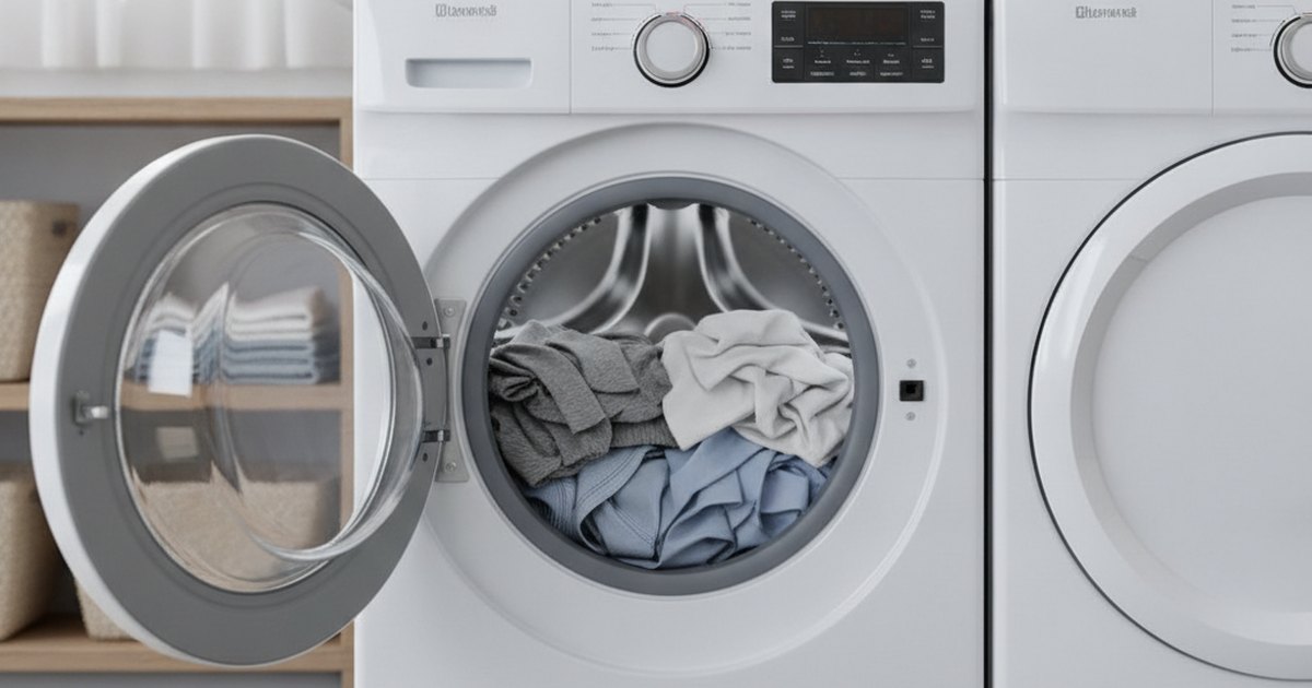 LG front-load washer with door open showing an unbalanced laundry load