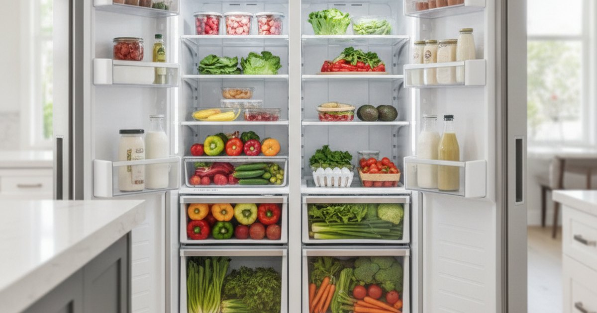Stainless steel refrigerator with doors open showing organised fresh food