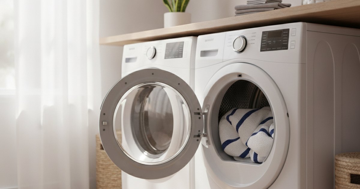 Clothes dryer with door open beside a washing machine in a laundry room