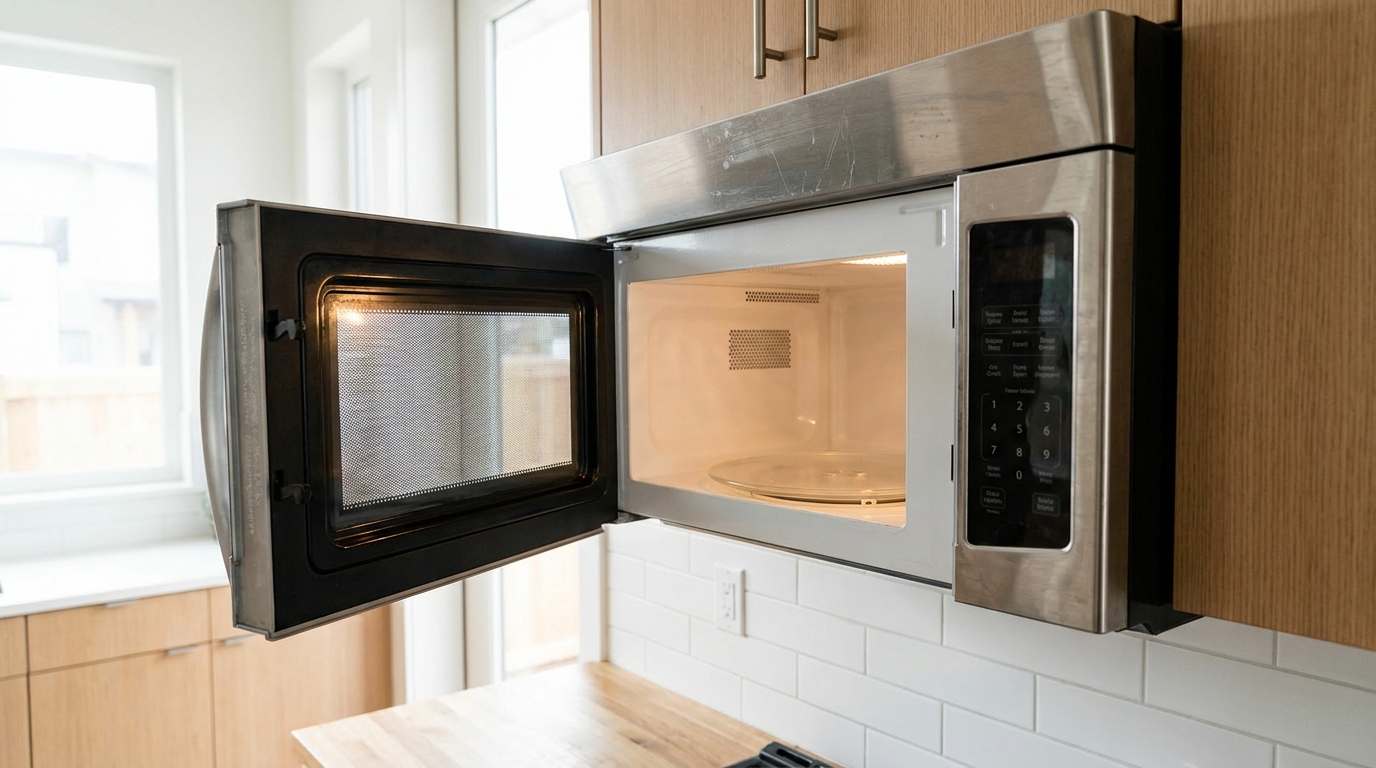 Older stainless steel over the range microwave with door open in a kitchen