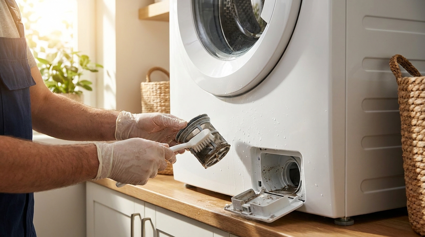 Technician cleaning the drain filter compartment of a front load washing machine